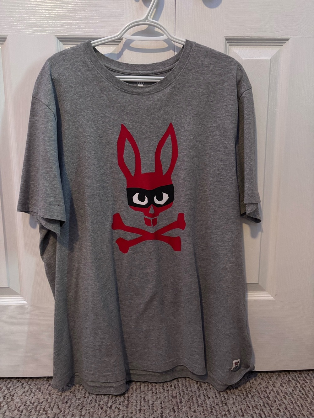 Psycho Bunny Gray Tee with Red Bunny Skull Graphic